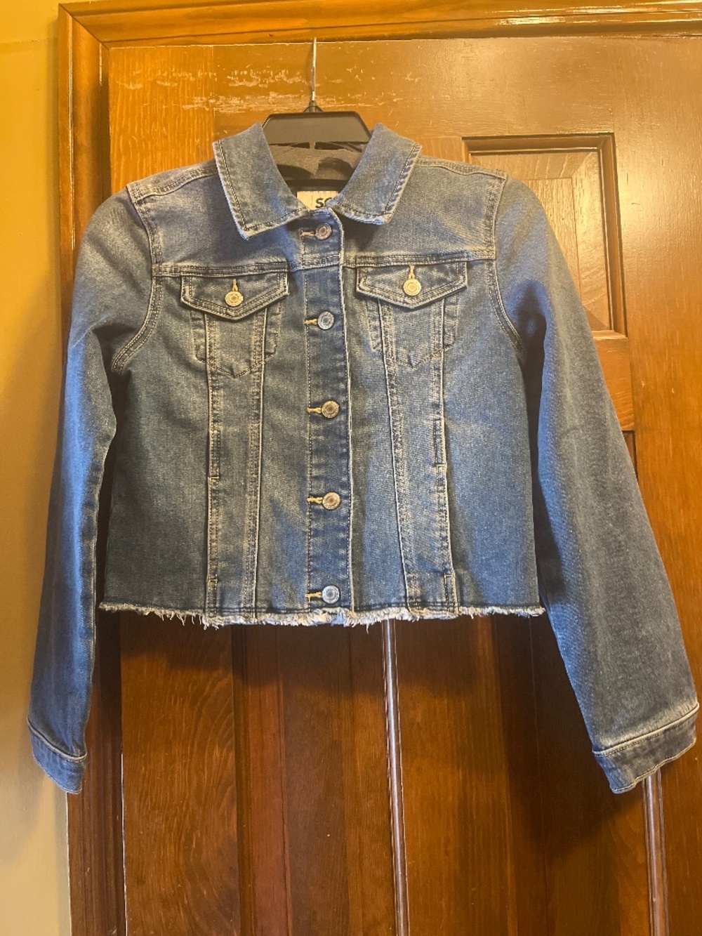 Girls Like New, Cropped, Distressed Denim Jacket.  Sz. Lg. 10/12.